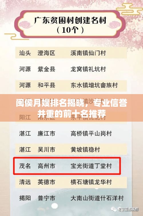 闽侯月嫂排名揭晓，专业信誉并重的前十名推荐